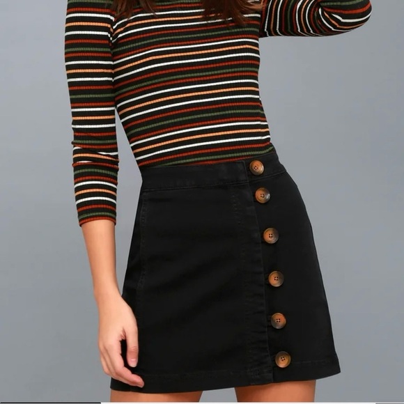 Free People Black Button-Front Mini Skirt Size 0 - Picture 1 of 8